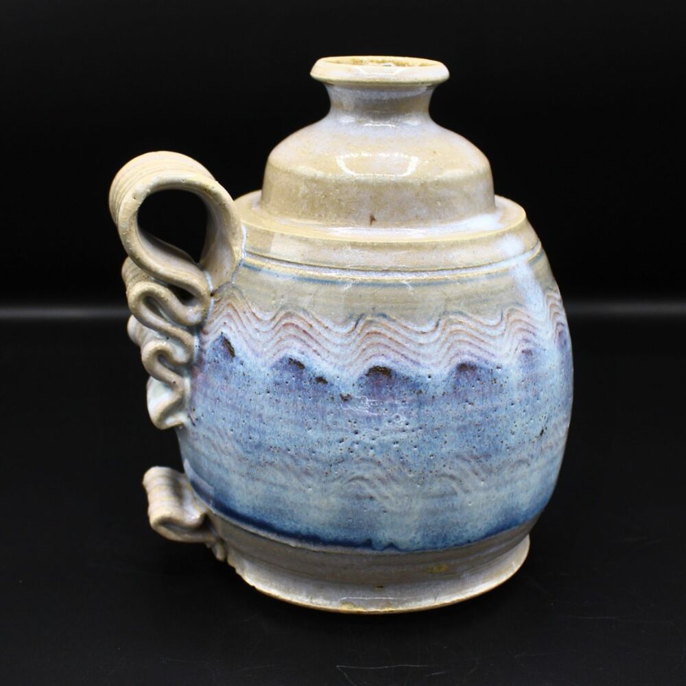 Vintage Studio Art Pottery Vase Handmade Stoneware Ribbon Handle Rustic Decor
